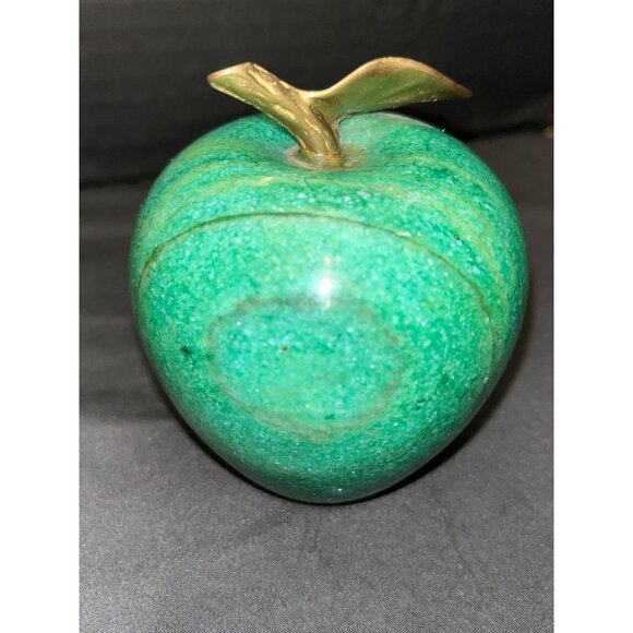 Vintage Emerald Green Marble Apple with Brass Leaf Paperweight 3” - Picture 3 of 5